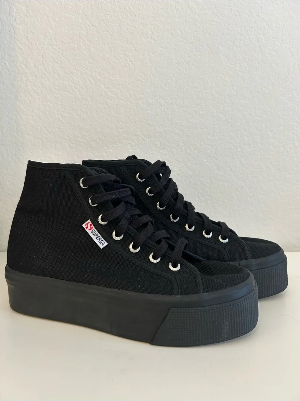 Superga High-Top Black Canvas Platform Sneakers with Black Soles, Women Size 7.5
